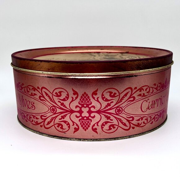 Vintage Currier & Ives Winter Pastime Decorative Tin Red Gold Round Storage - Picture 6 of 9